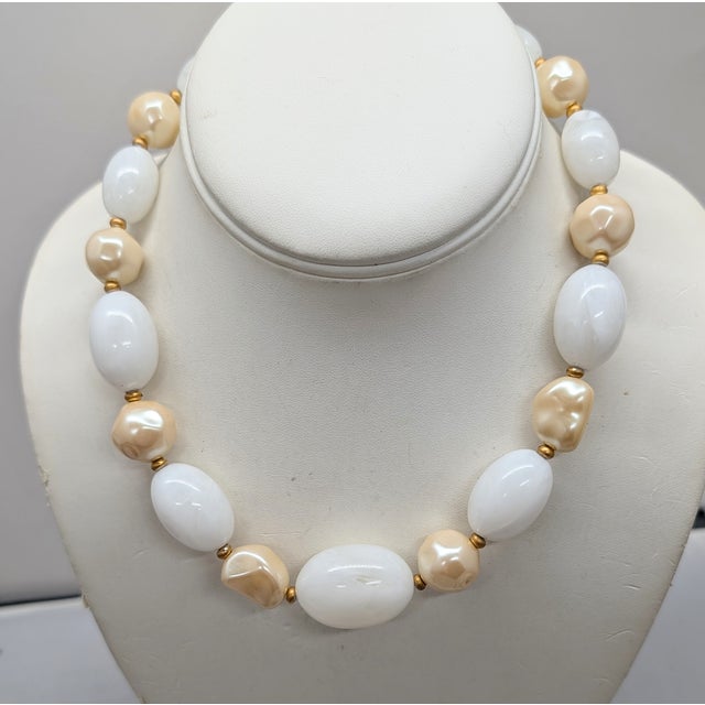 Vintage 1980s Signed Givenchy Goldtone White Beaded Faux-Pearl Necklace For Sale - Image 9 of 9