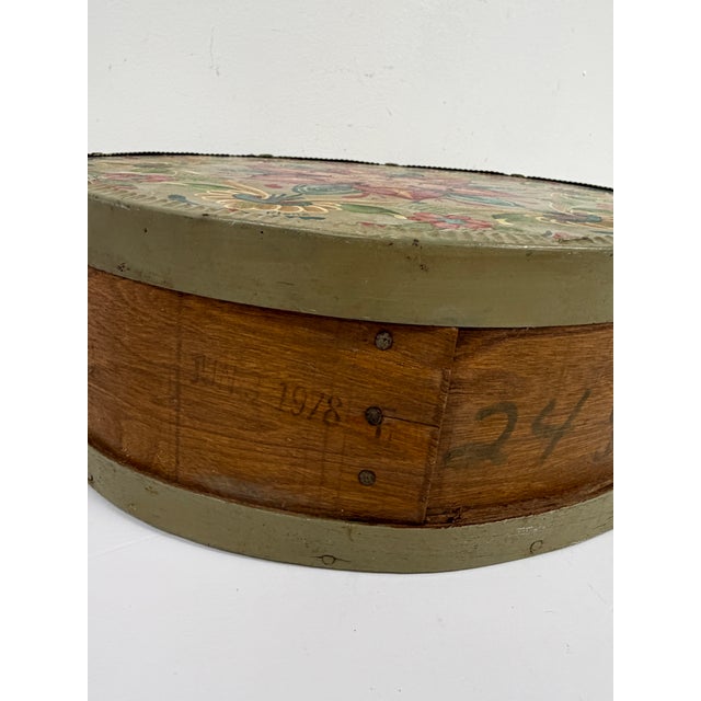 Vintage Hand-Painted Round Wooden Cheese Box – Floral Folk Art For Sale - Image 10 of 15