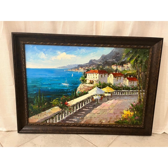 Sky Blue Mid 20th Century Signed Original Oil Painting 29.5"x41" Mediterranean Coast For Sale - Image 8 of 9