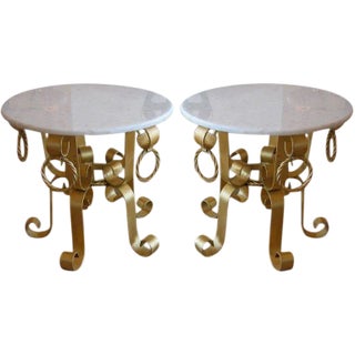 Vintage Italian Gold Leaf Gilded Iron and Marble Top End or Side Tables 60's Pair of Restored For Sale
