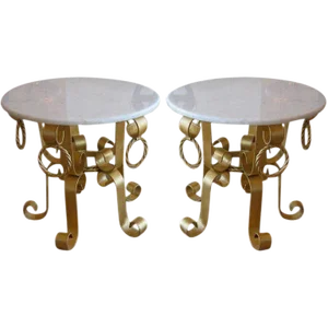 Vintage Italian Gold Leaf Gilded Iron and Marble Top End or Side Tables 60's Pair of Restored