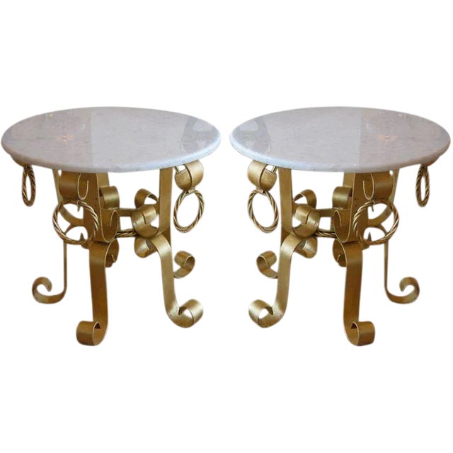 Vintage Italian Restored Gold Leaf Gilded Iron and Marble Top End or Side Tables Pair Of For Sale