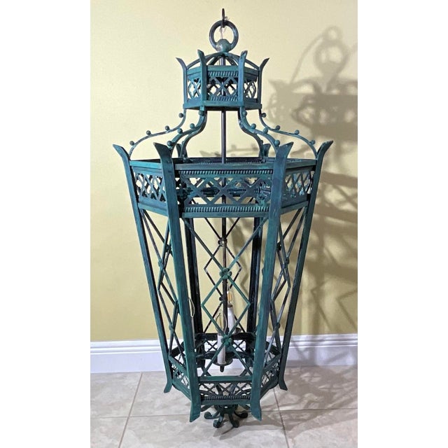 Exquisite Large Hand-Forged Iron Lantern – Verdigris Patina - 47” High X 24”Wide For Sale - Image 9 of 18