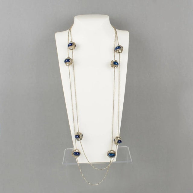 Silver Alexis Lahellec Paris Extra Long Silvered Metal Necklace With Blue Ceramic Beads For Sale - Image 8 of 12