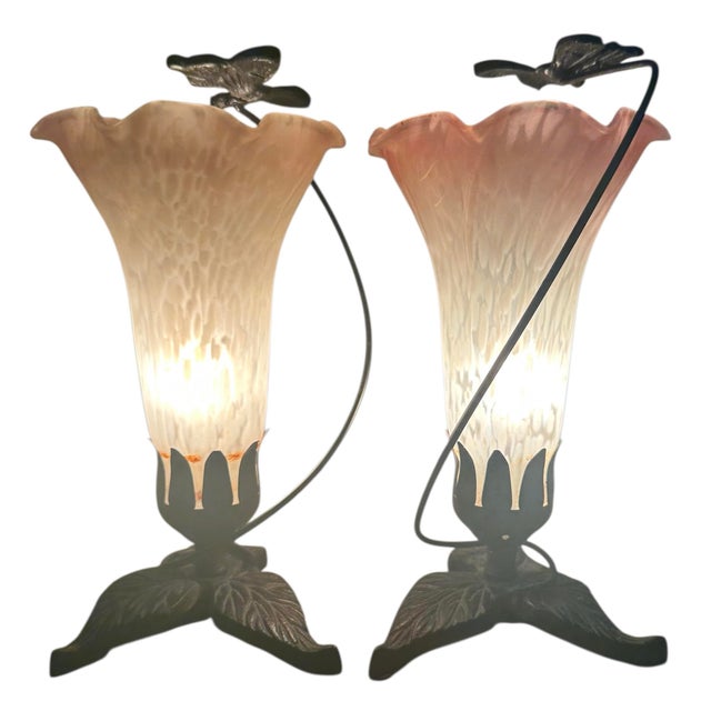 Metal Vintage Lily Lamps on Cast Iron Base - A Pair For Sale - Image 7 of 10