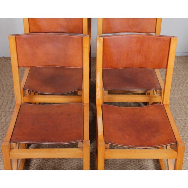 Vintage Chairs in Wood and Leather, 1980s, Set of 6, in Good conditions. Designed 1980 to 1989
