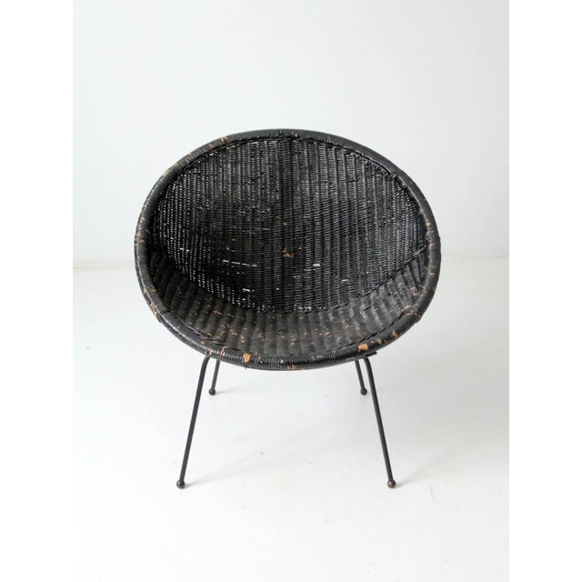 Wood Mid Century Black Wicker Saucer Chair For Sale - Image 7 of 8