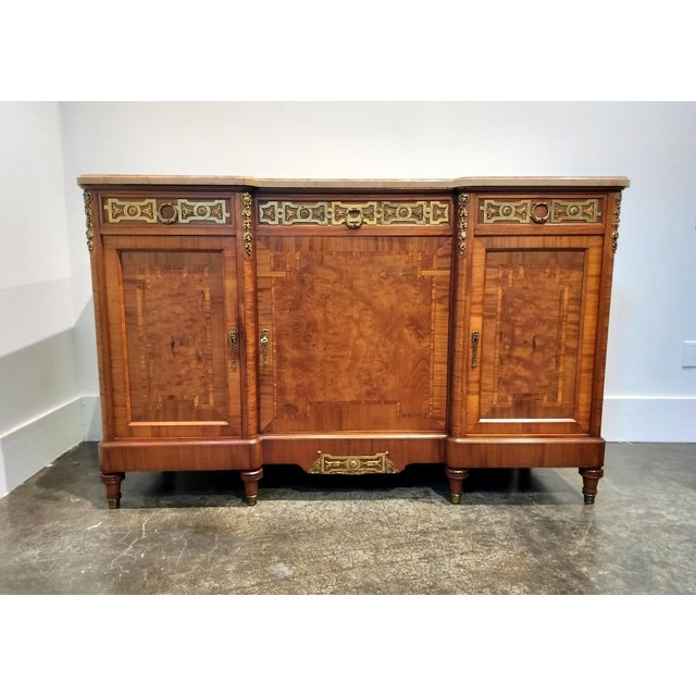 Belgian Louis XVI Style Marble Top Marquetry Sideboard With Decorative Brass For Sale - Image 11 of 11