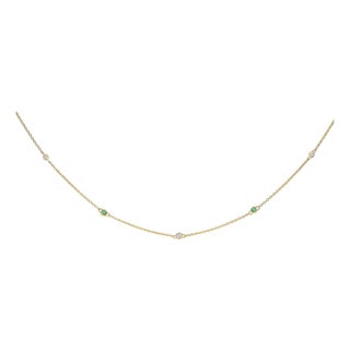 14K Yellow Gold Bezel Set Alternating Green Emerald and Diamond Station Necklace - 18" Inches For Sale