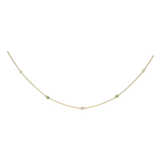 14K Yellow Gold Bezel Set Alternating Green Emerald and Diamond Station Necklace - 18" Inches For Sale