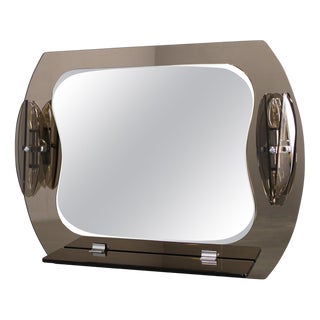 Large Glass Wall Mirror with Lights and Shelf from Fontana Arte, Italy, 1980s For Sale