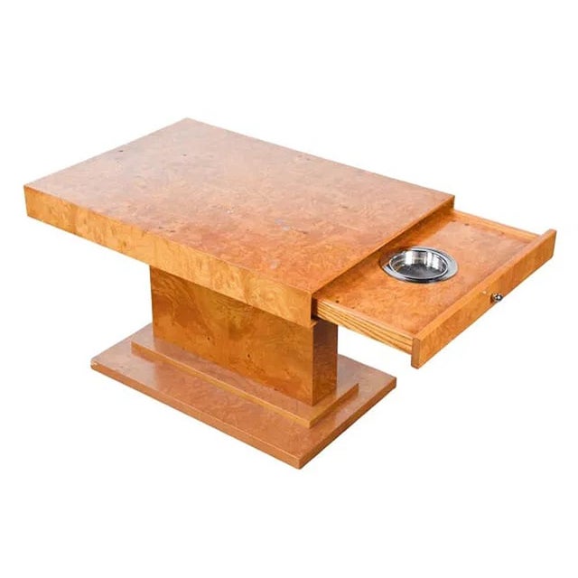 A stunning Grange (France) burl smoking table. A subtle and ingenious table with ashtray and an extension leaf...