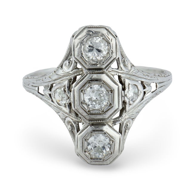 Traditional 1910s Edwardian Old European Cut Three Stone Diamond Navette Ring, Size 7.5 For Sale - Image 3 of 5