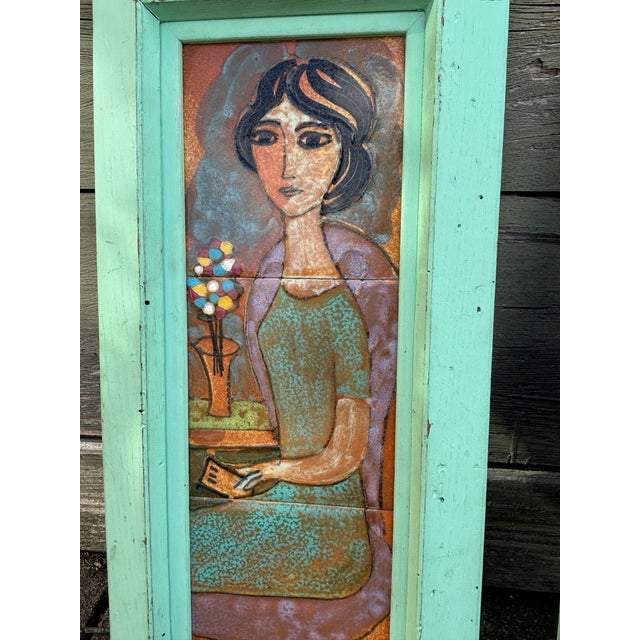 Pair of Painted Tile Wall Plaques of Two Women by Harris G. Strong For Sale In Boston - Image 6 of 10