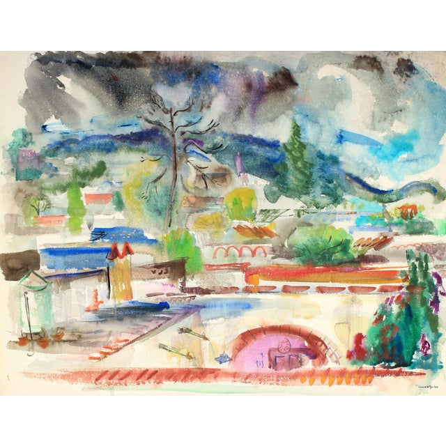 Abstracted City Scene Mid Century Watercolor For Sale