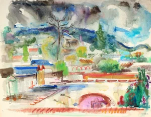 Abstracted City Scene Mid Century Watercolor