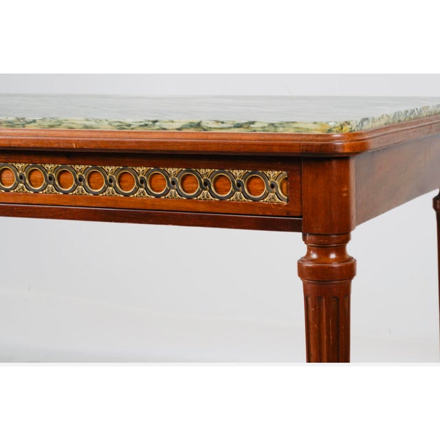 Wood Mid 20th Century Albert Goumain Paris Louis XVI Marble Top Writing Table With Gilt Bronze Gallery For Sale - Image 7 of 8