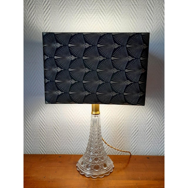 Art Deco Lamp and Custom-Made Shade The lamp base is made of molded glass with a conical shape and a raised "diamond"...