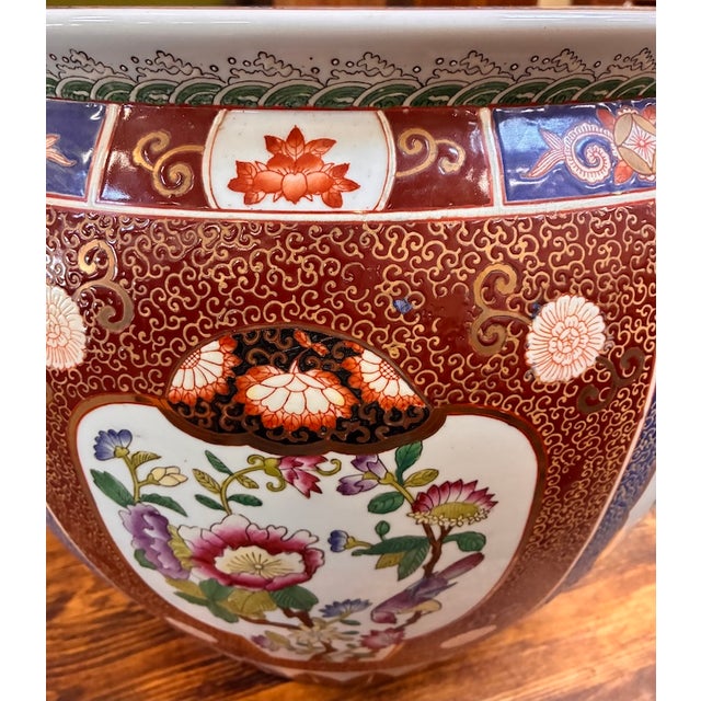 Red Vintage Painted & Glazed Large Scale Chinese Porcelain Fish Bowl W/ Peony Flowers & Butterflies For Sale - Image 8 of 11