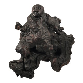 Mid 19th Century Antique Wood Root Caved Buddha For Sale