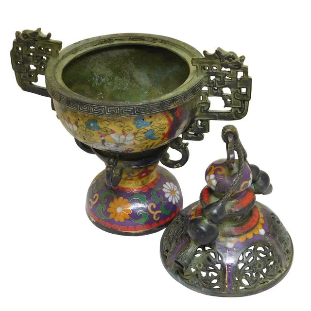 Chinese Metal Blue Enamel Cloisonne Incense Burner Figure For Sale - Image 4 of 5