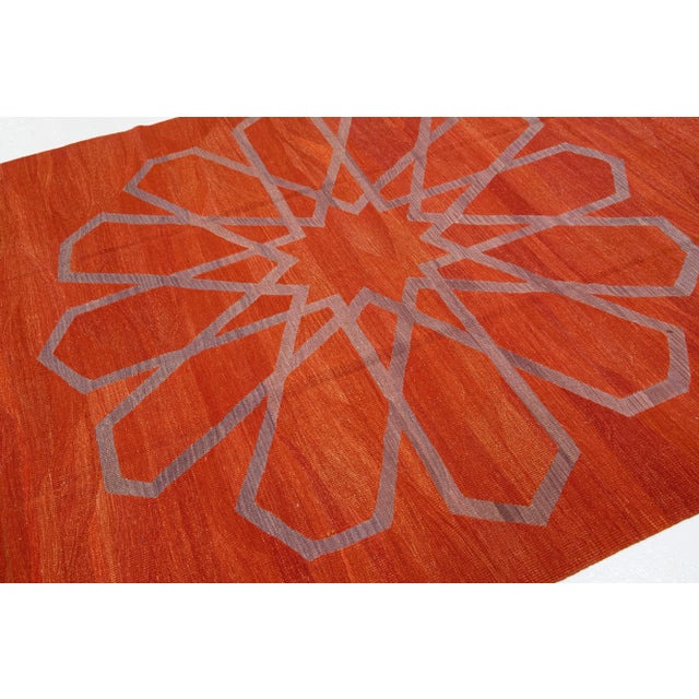 2020s Modern Kilim Handmade Rust Geometric Wool Rug For Sale In New York - Image 6 of 7