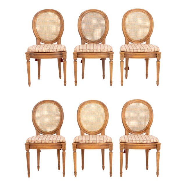 Set of Six Louis XVI Style Cane-Paneled Walnut Dining Chairs For Sale