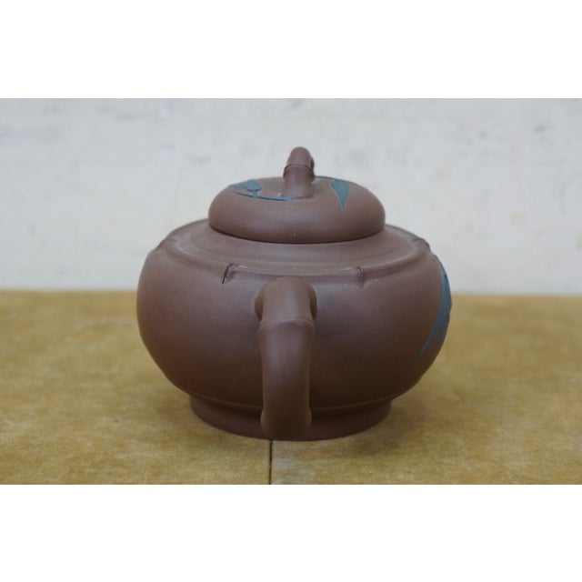 Vintage Chinese Yixing Zisha Brown Clay Bamboo Leaf Teapot Pitcher 7" For Sale - Image 4 of 13