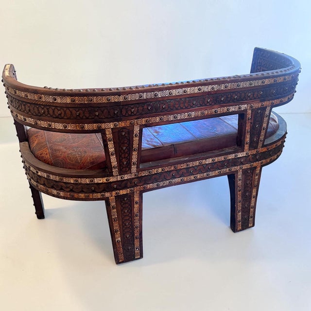 African Hardwood and Leather Two‑seater Settee, 1960s For Sale - Image 6 of 11