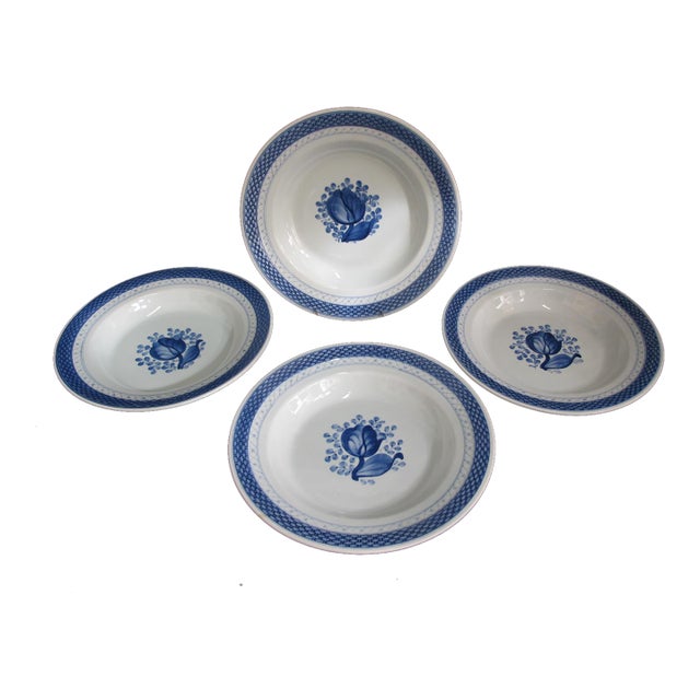 Royal Copenhagen 950 Aluminia Faience Tranquebar Blue 10" Soup Bowl 4pc Set For Sale