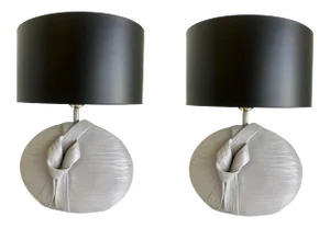 1980's Vintage Plaster Table Lamp With Ribbon Motif - a Pair