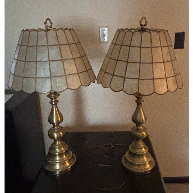 Vintage Brass Capiz Shell Lamp Set For Sale - Image 9 of 12