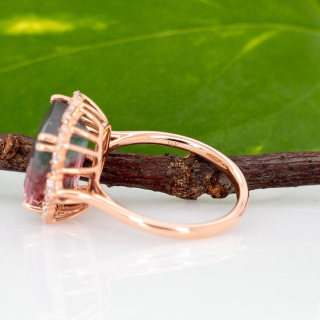 Metal 6.1cts Bi-Color Tourmaline Ring With Natural Diamonds Accents: Solid 14k Gold For Sale - Image 7 of 8