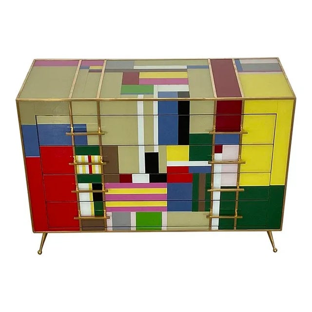 Four drawers dresses, entirely handmade, with wooden structure and surface finishes in multicolor glass, profiles, handles...
