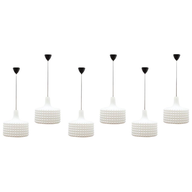 Diamond Molded White Opal Glass Pendant Lamp, 1961 For Sale