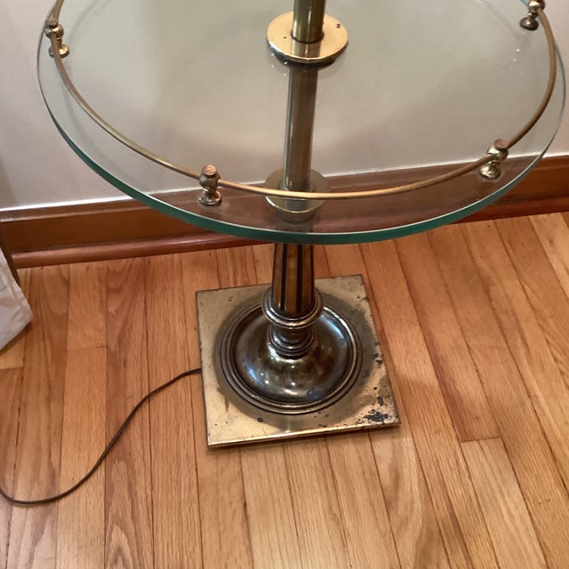 Stiffel Vintage Provincial Style Stiffel Heavy Brass & Glass Top Floor Lamp With Original Shade Circa 1960s For Sale - Image 4 of 12