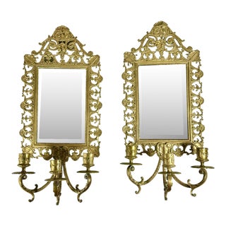 Pair Brass Mirrored Three Arm Candle Victorian Wall Sconces. For Sale