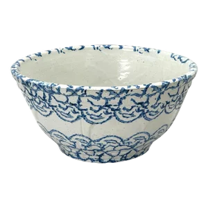 Large 12 3/4 Inch Size Antique American Blue Spongeware Decorated Stoneware Kitchen Mixing Bowl