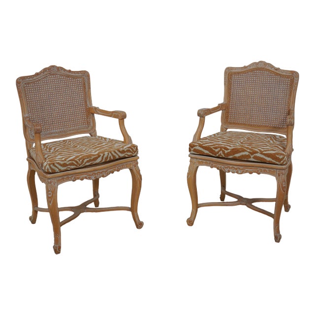 Pair French Louis XV Cane Back Upholstered Armchairs For Sale