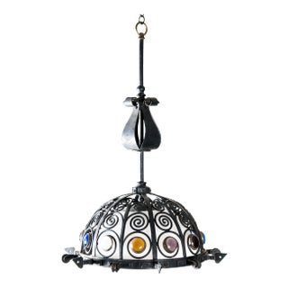 Mid 20th Century Wrought Iron and Colored Glass Jeweled Chandelier For Sale