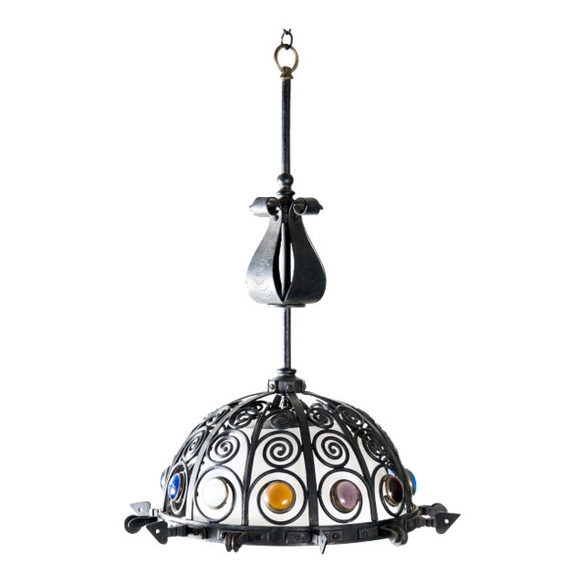 Mid 20th Century Wrought Iron and Colored Glass Jeweled Chandelier For Sale