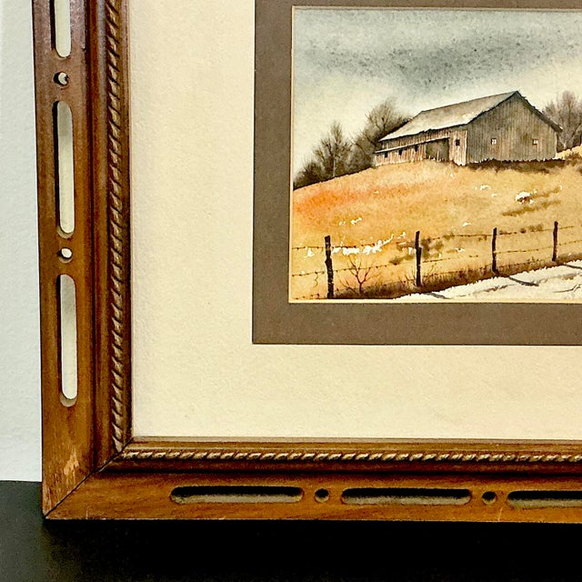 1970s Vintage Impressionist Arts & Crafts Farmhouse Original Watercolor Painting, Two Barns Landscape For Sale - Image 6 of 12