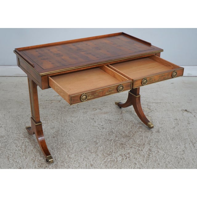 Chinoiserie Hekman 2 Drawer Yew Wood & Walnut Library Table For Sale - Image 3 of 17