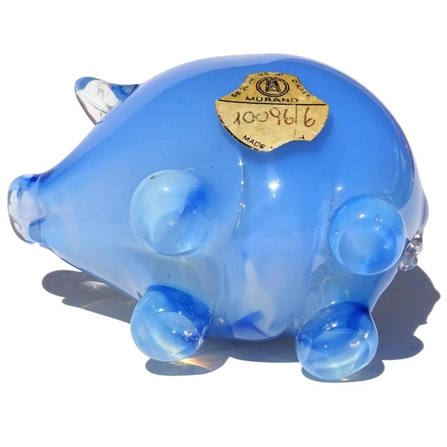 Vintge Murano Seguso Vetri d'Arte Opal Sky Blue Italian Art Glass Pig Figurine Sculpture With Origial Label For Sale In Orlando - Image 6 of 8