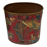 Vintage Red Chinoiserie Paint Decorated Tole Waste Basket For Sale