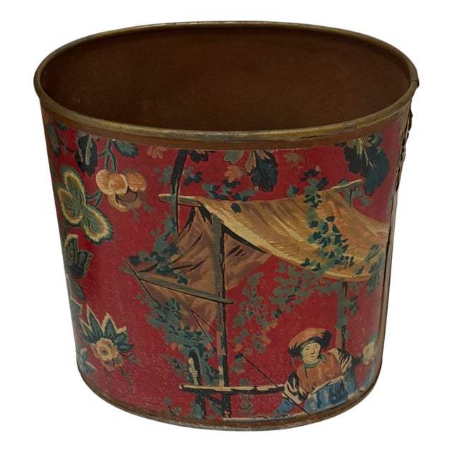 Vintage Red Chinoiserie Paint Decorated Tole Waste Basket For Sale