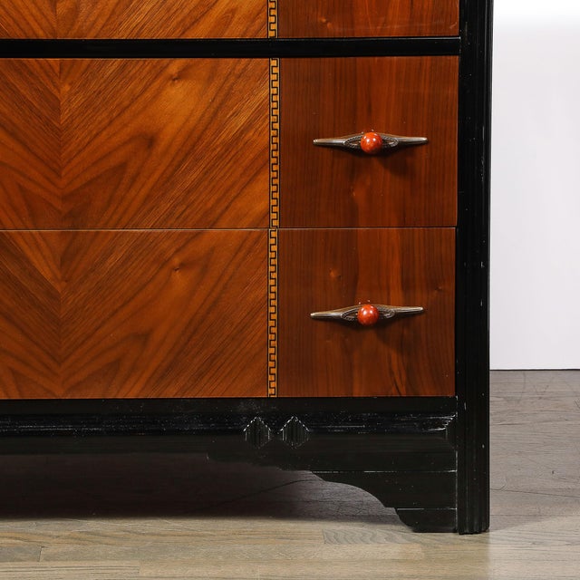 Wood Art Deco Book-Matched Walnut & Black Lacquer Detailed Chest W/ Bakelite Pulls For Sale - Image 7 of 18