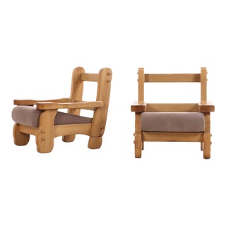 A Pair of French Heavy Oak Brutalist Style Open Arm Chairs, C. 1960. For Sale
