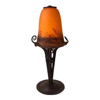 1930s Degué Art Deco Table Lamp Signed French Glass Wrought Iron Orange Accent Light Antique French Lighting For Sale