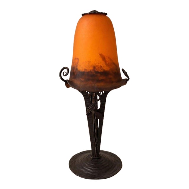 1930s Degué Art Deco Table Lamp Signed French Glass Wrought Iron Orange Accent Light Antique French Lighting For Sale